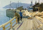 Anatoli Ilych Vasiliev Baikal Lake boat station. At the moorage oil on canvas